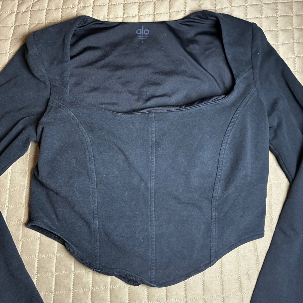 Alo‎ Yoga Corset Long Sleeve Top Black Square Neck Curved Hem Small W3553R